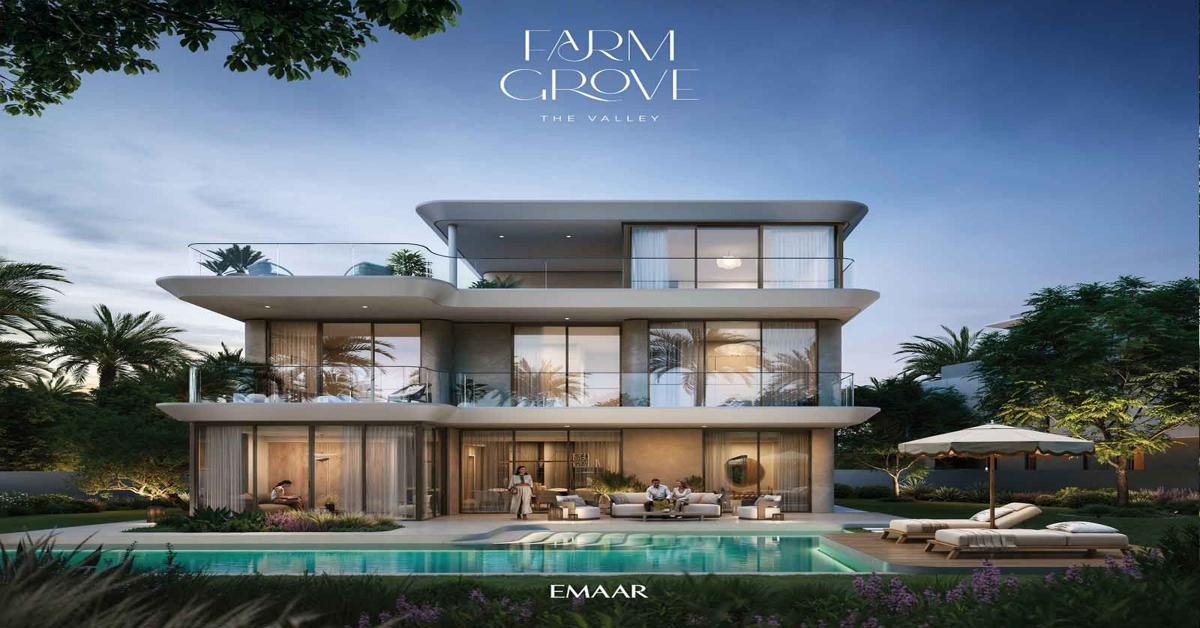 Farm Grove villas — warm-toned architecture with garden plots