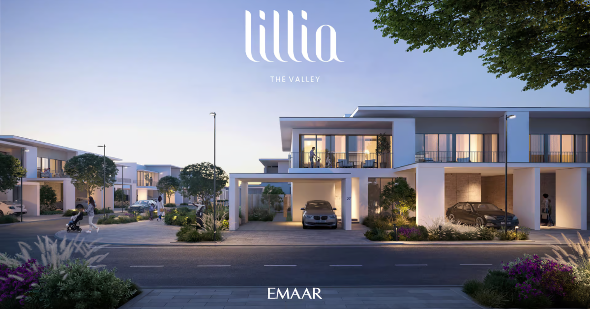 Lillia façade — soft neutrals with layered balconies and windows