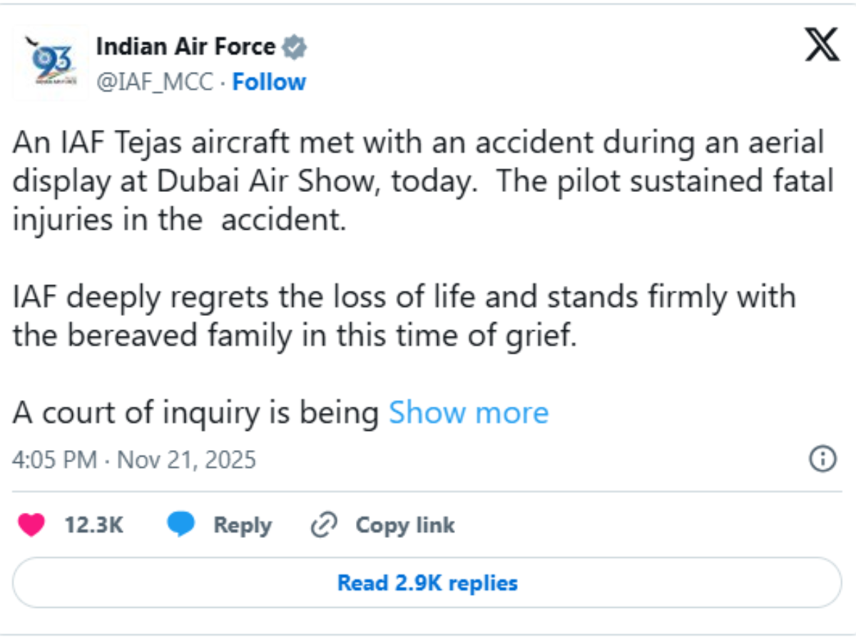 Dubai airshow 2025 crash Tejas aircraft Today